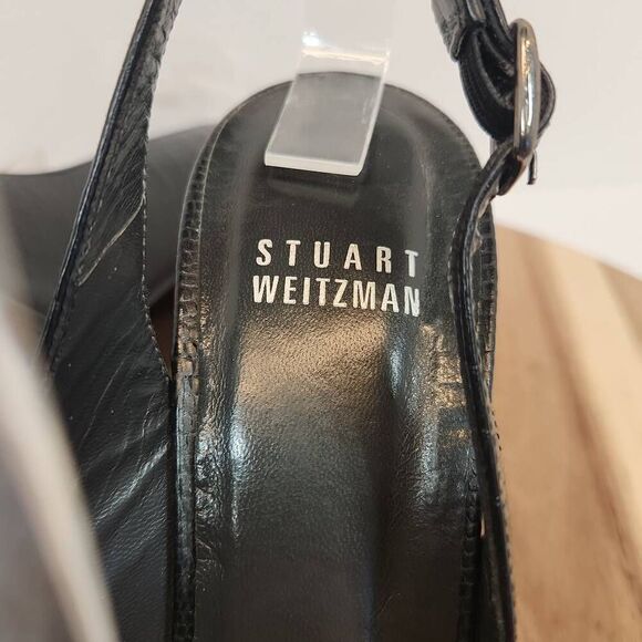 Stuart Weitzman Women's Peep Toe Embossed Block Heel Size 7 N Black - Picture 9 of 10